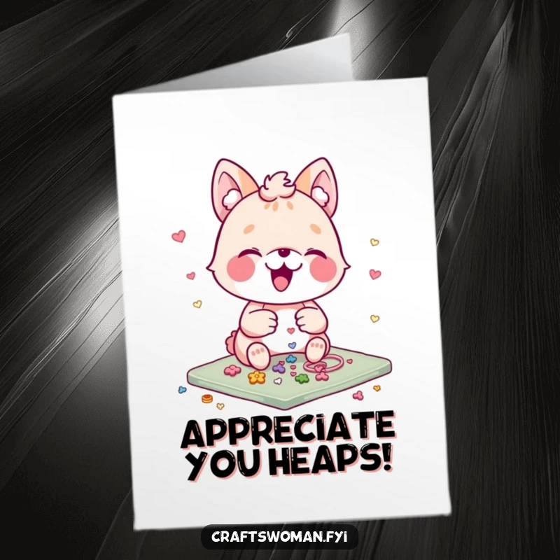Funny Free Printable Thank You Card: A happy animal character meticulously adds small, sparkling embellishments to their craft, symbolizing sincere thanks.