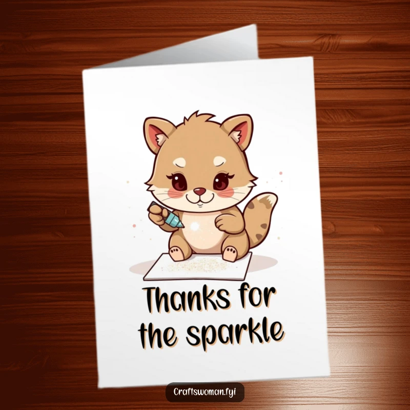 Funny Free Printable Thank You Card: A determined animal character applies sparkling glitter to a handmade card, showing diligent and heartfelt gratitude.