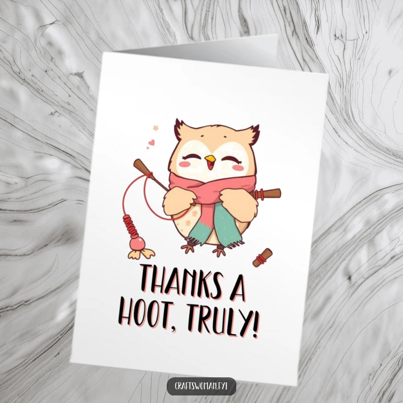 Funny Free Printable Owl Thank You Card: A cute, busy owl weaving a scarf, a creative DIY gift.