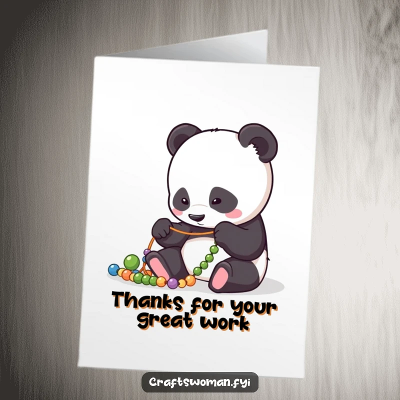 Funny Free Printable Panda Thank You Card: Calm panda precisely arranging beads on a string, offering thanks with focused dedication.