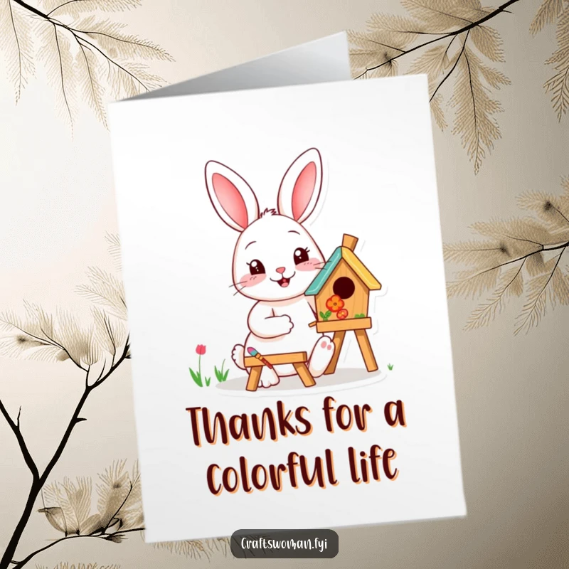 Funny free printable thank you card with a happy rabbit painting a small, vibrant birdhouse, expressing thanks artistically.