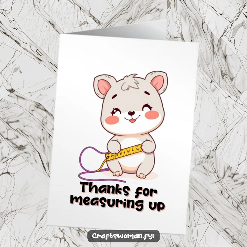 Funny Free Printable Thank You Card: A smiling animal character uses a measuring tape to measure a length of yarn.