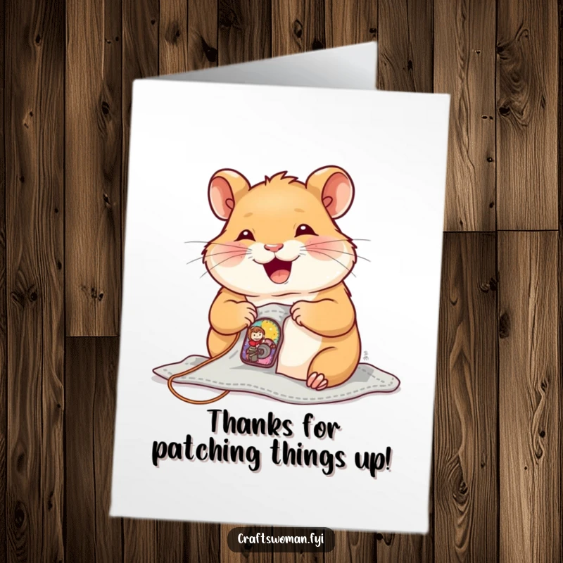 Funny Free Printable Thank You Card: Joyful hamster sewing a tiny patch, a cute symbol of detailed and heartfelt gratitude.
