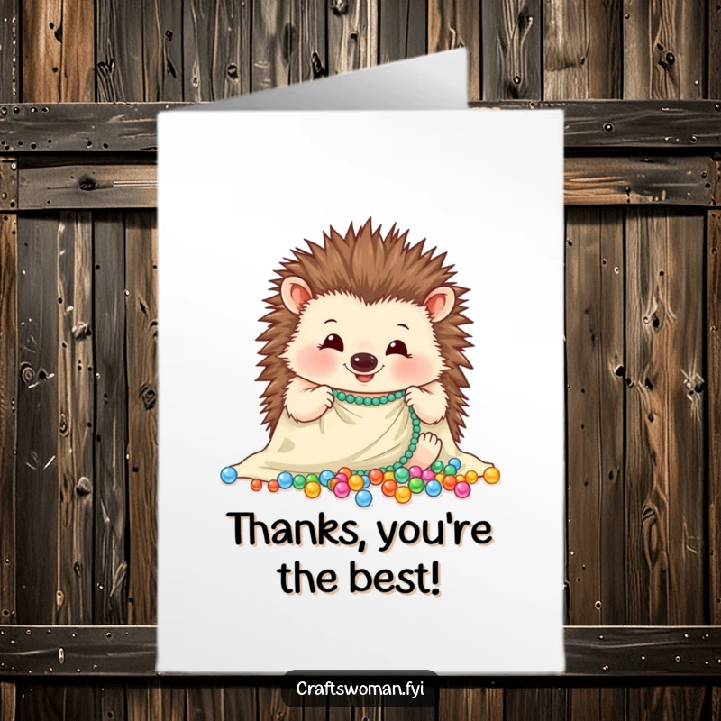 Funny Free Printable Thank You Card: Cheerful hedgehog delicately arranges beads, conveying thanks with adorable detail.