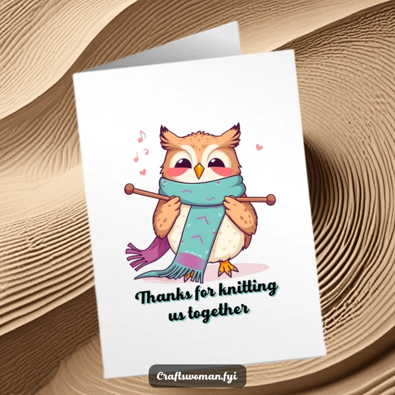 Funny Free Printable Thank You Card: A happy owl knitting a long, colorful scarf, expressing thanks in a cozy way.