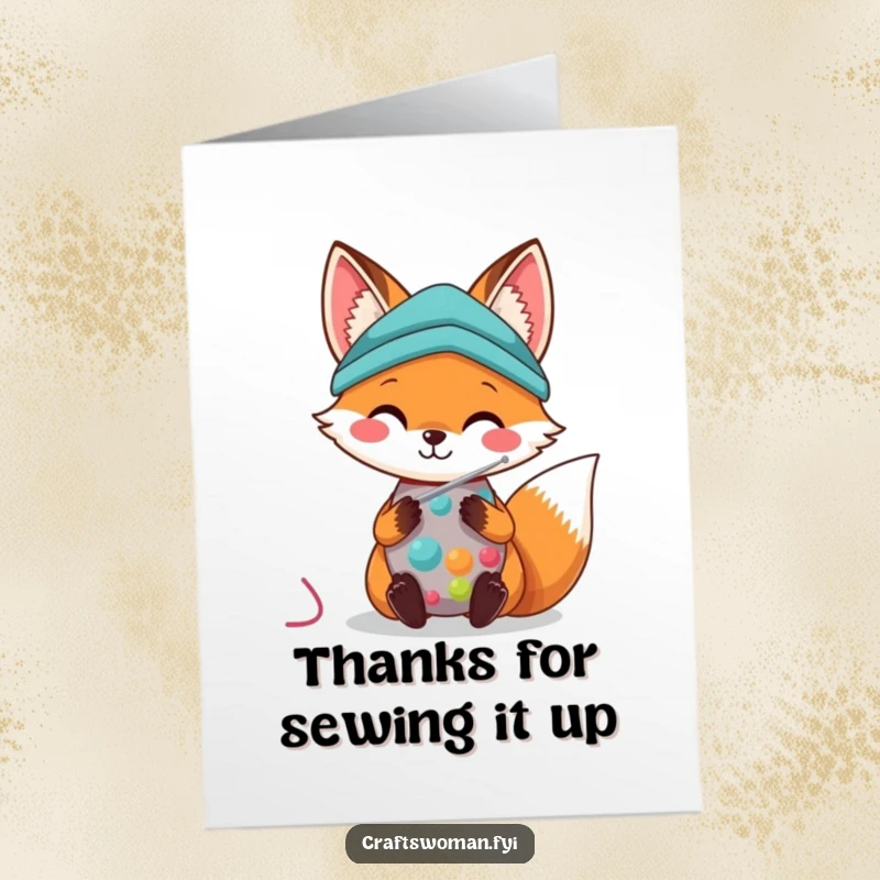 Funny Free Printable Thank You Card: A kawaii fox with a needle and thread lovingly stitches colorful fabric, smiling warmly.