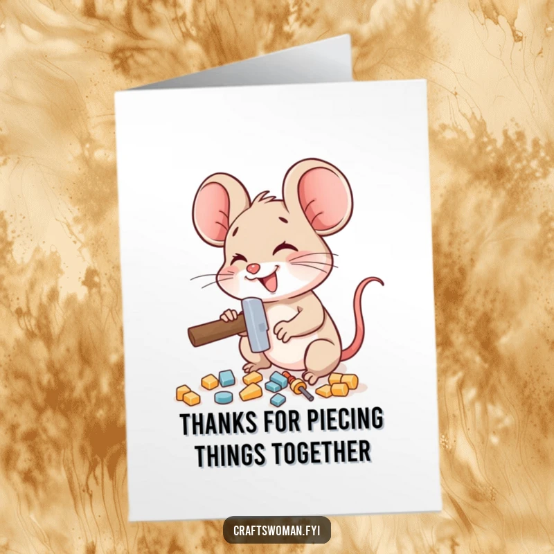 Funny Free Printable Thank You Card: Delighted mouse character using a miniature hammer to assemble small pieces, conveying thanks.