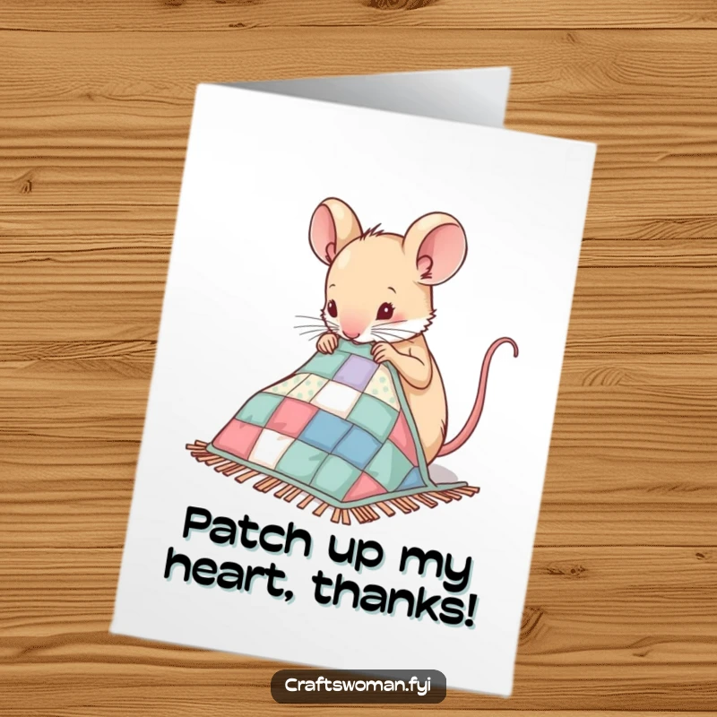 Funny Free Printable Thank You Card: A nimble mouse expertly sewing patches onto a miniature quilt, stitching up thanks.