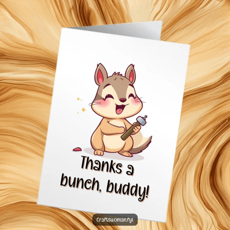 Funny Free Printable Thank You Card: A busy squirrel hammering with a smile, a unique DIY gift for gratitude.