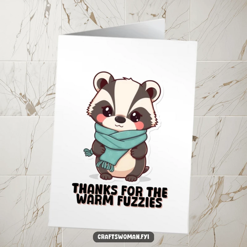 Funny Free Printable Thank You Card: A whimsical badger proudly models a slightly crooked knitted scarf, sending thanks.