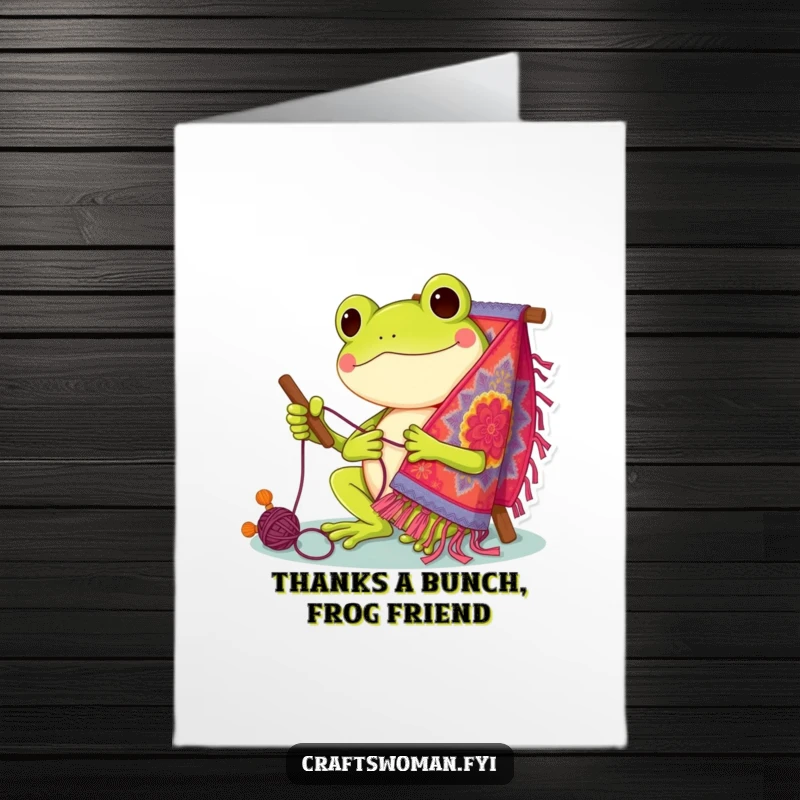 Funny Free Printable Frog Thank You Card: Content frog diligently stitching a vibrant tapestry, expressing thanks with a smile.
