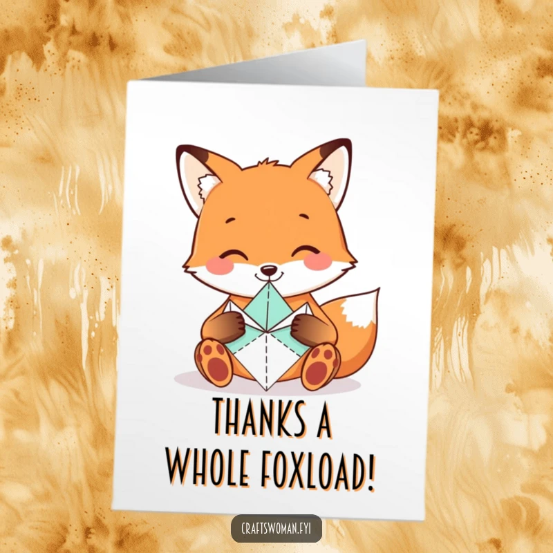 Funny Free Printable Thank You Card: A smiling fox carefully folding origami shapes with tiny paws, creating a work of artful thanks.