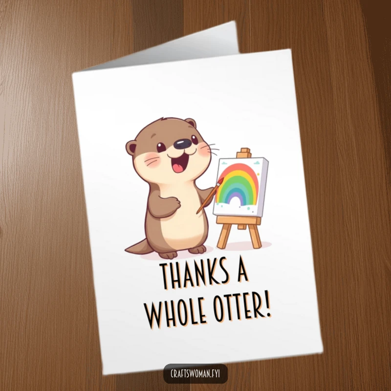 Funny Free Printable Thank You Card: A happy otter painting a rainbow, making thanks colorful and funny, a DIY gift.