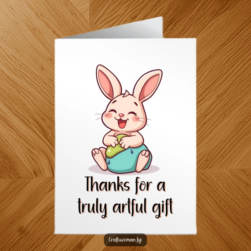 Funny Free Printable Thank You Card: Happy rabbit gleefully sculpting clay into a whimsical shape, conveying thanks.