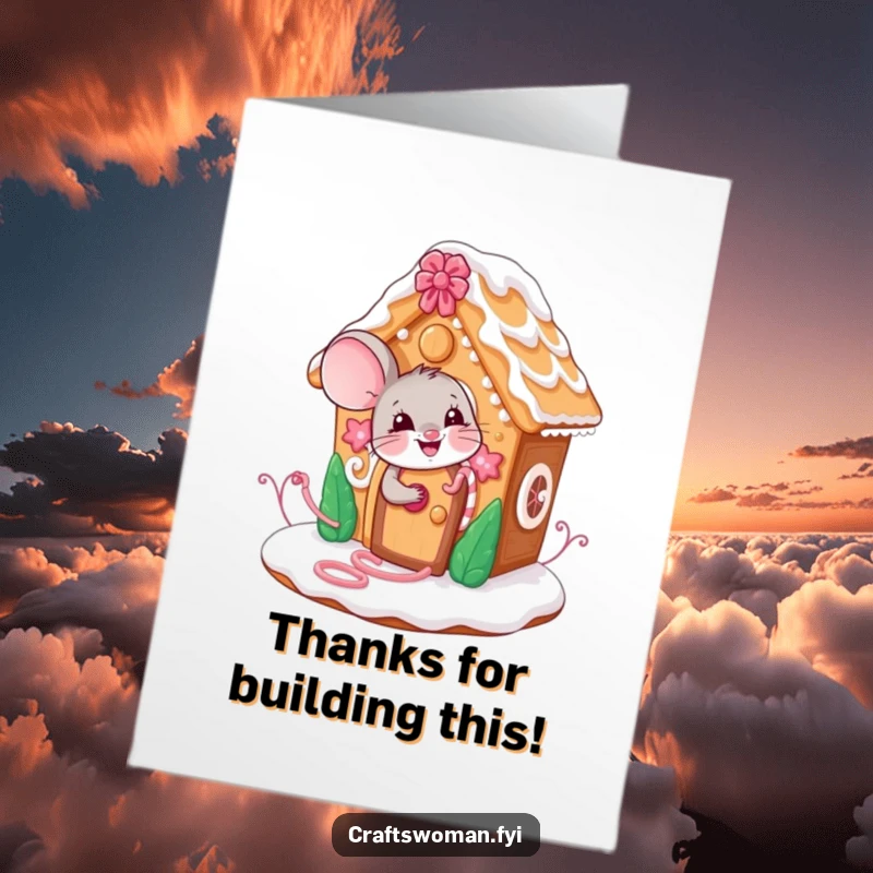 Funny Free Printable Thank You Card: A giggling mouse carefully decorates a whimsical gingerbread house, a sweet gesture of thanks.