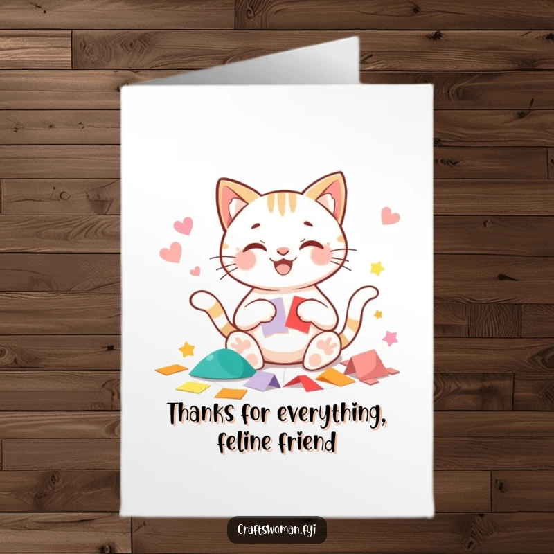 Funny Free Printable Thank You Card: Beaming cat character happily cutting precise shapes from colorful paper, conveying thanks.