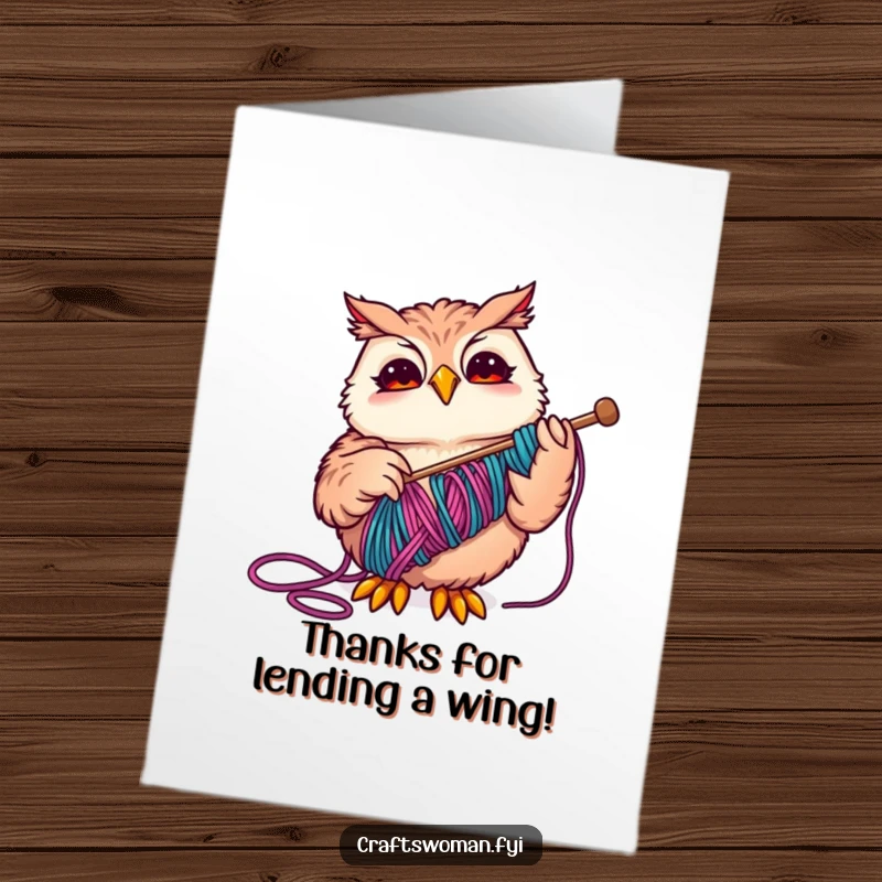Funny Free Printable Thank You Card with a joyful owl threading yarn, a cute way to sew your appreciation.