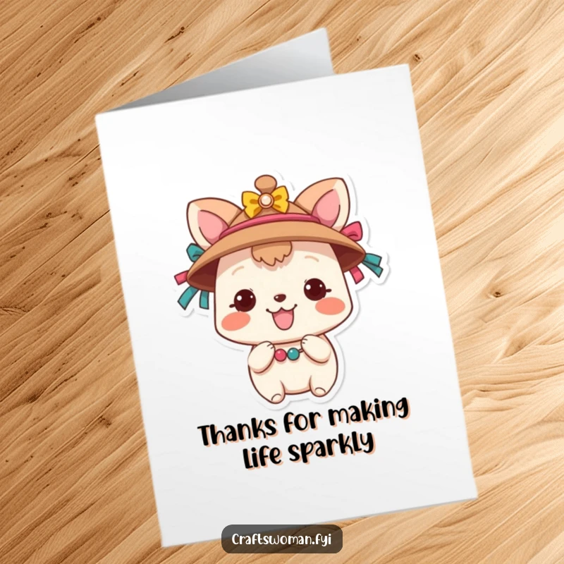 Funny Free Printable Thank You Card: A smiling animal character meticulously decorates a festive hat, showing off creative appreciation.