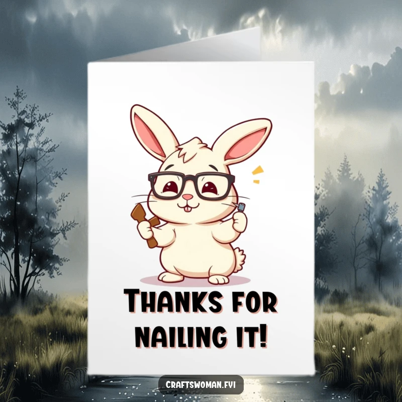 Funny Free Printable Thank You Card: A perky rabbit in glasses hammers with purpose, expressing DIY gratitude.