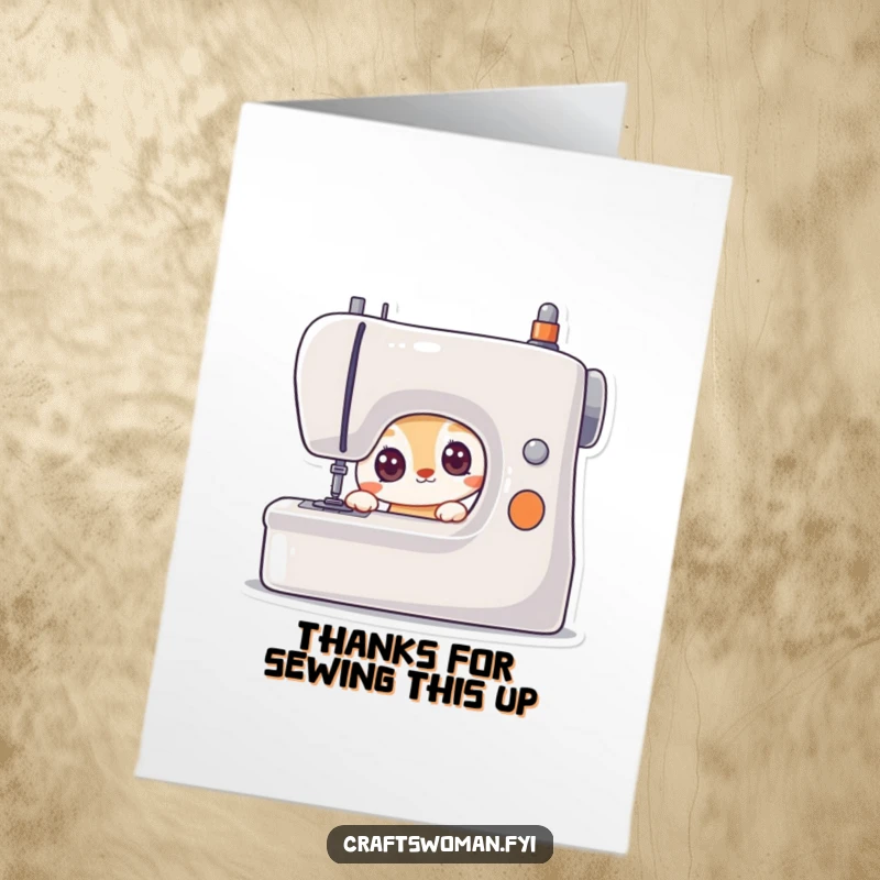 Funny Free Printable Thank You Card: A curious animal character peers with wide, eager eyes at a sewing machine.