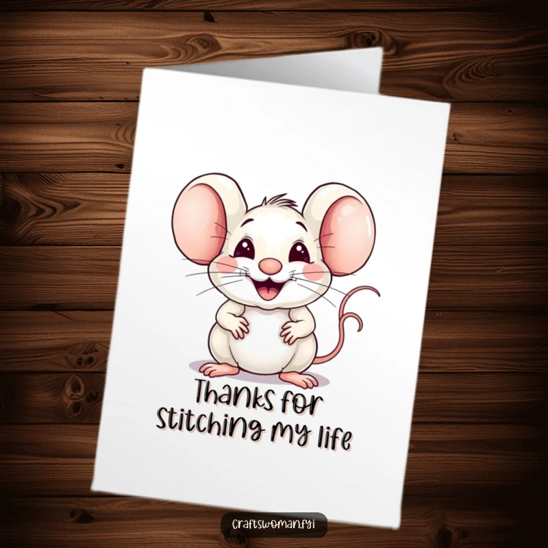 Funny Free Printable Thank You Card: A joyful mouse proudly weaves fabric, sending thanks with a big smile.