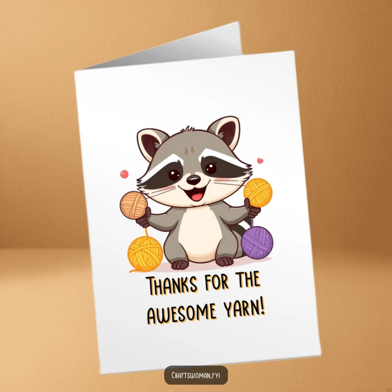 Funny Free Printable Thank You Card: A cheerful raccoon juggles colorful yarn balls with a playful, mischievous expression.