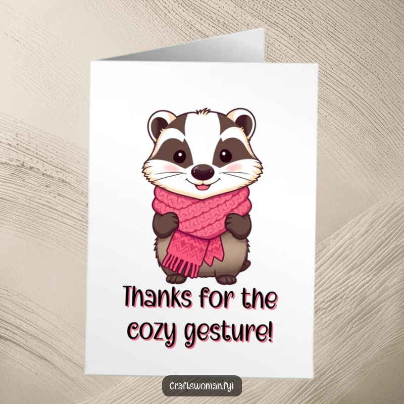 Funny Free Printable Thank You Card: A happy badger shows off a colorful, handmade knitted scarf with a proud expression.