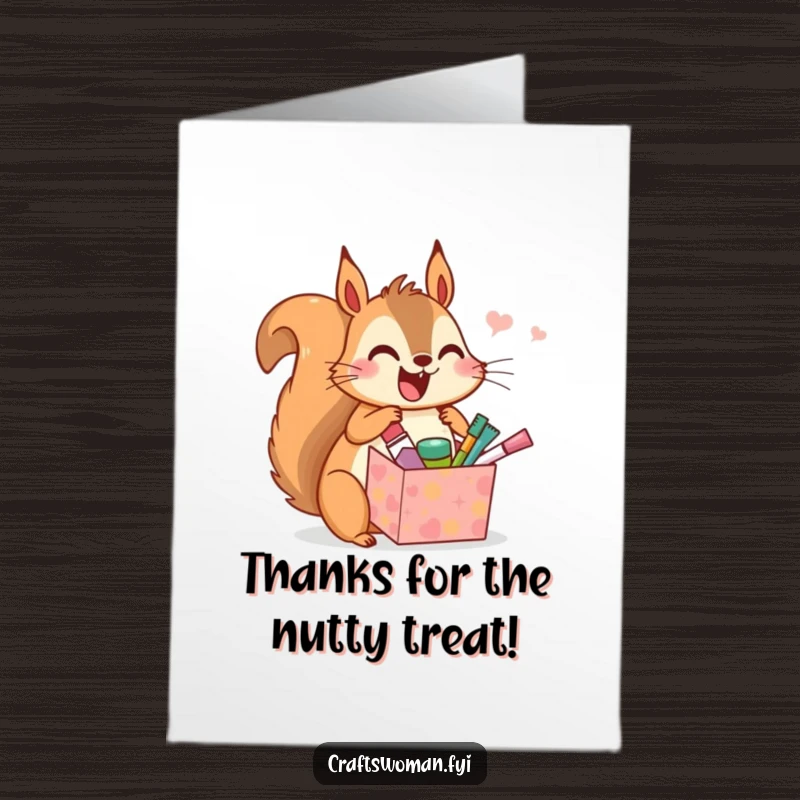 Funny Free Printable Thank You Card: Squirrel gleefully unwraps gift box filled with tiny craft supplies, expressing gratitude.
