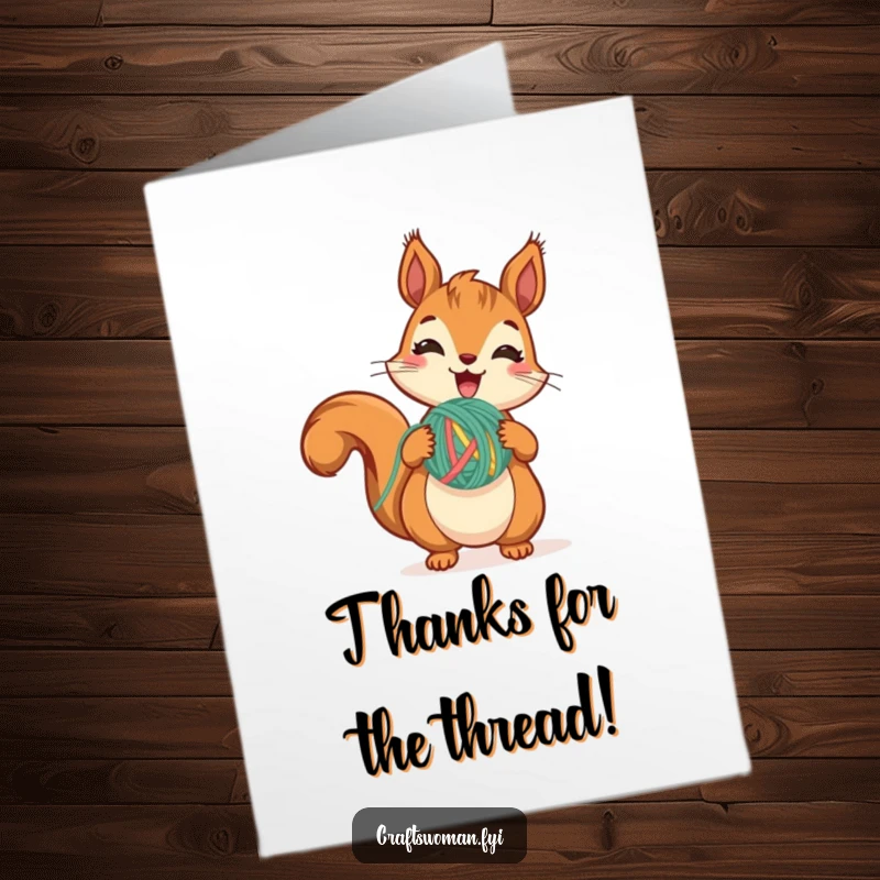 Funny Free Printable Thank You Card: Cute squirrel holding yarn, mid-stitch, sending thankful vibes.