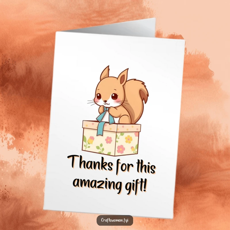 Funny free printable thank you card with a squirrel tying a ribbon on a gift, perfect for expressing thanks.