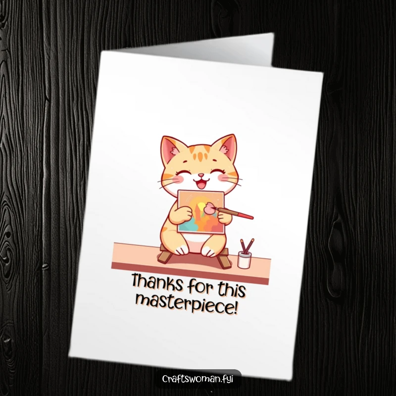 Funny Free Printable Thank You Card: A happy cat artist creates a masterpiece to express heartfelt thanks.