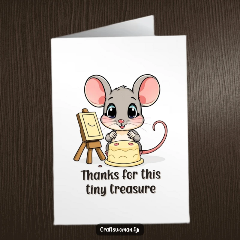 Funny free printable thank you card of a mouse looking with wide, appreciative eyes at a spectacular finished piece.