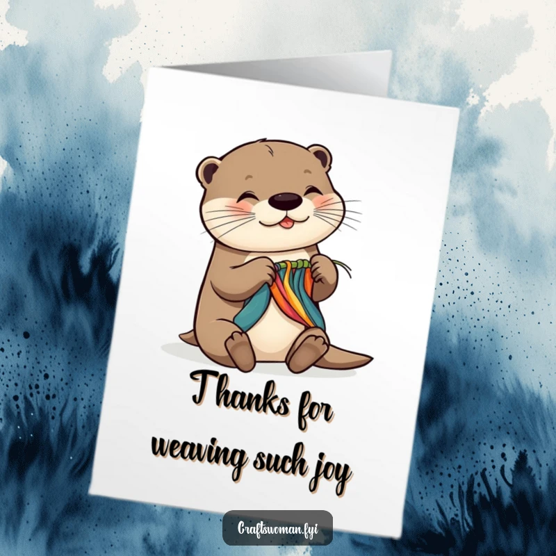 Funny free printable thank you card with a happy otter weaving a colorful and intricate piece of fabric.