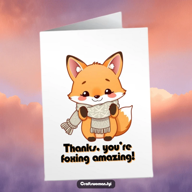 Funny Free Printable Thank You Card: Smiling fox proudly presents a completed knitted scarf, a symbol of thanks.