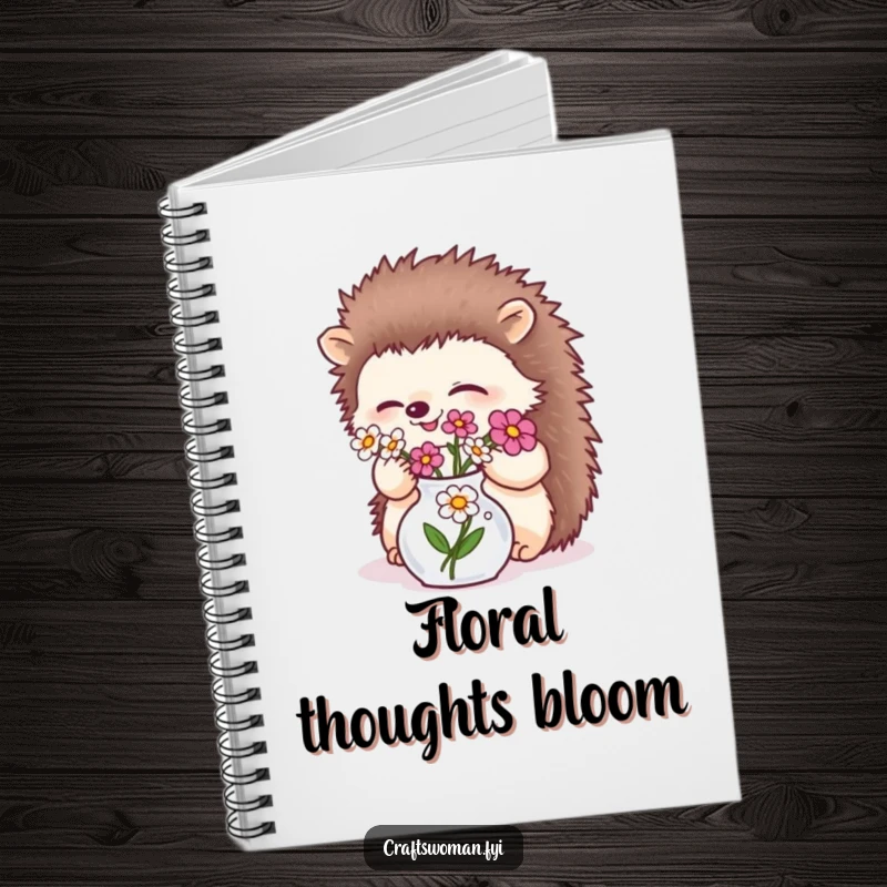 Funny giggling hedgehog arranging flowers in a tiny vase on the cover of a notebook, ideal for nature notes.