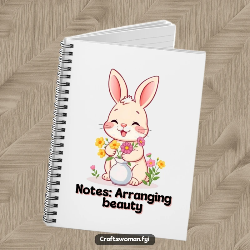 Funny bunny notebook cover showing a happy bunny giggling while arranging flowers, perfect for journaling garden plans.