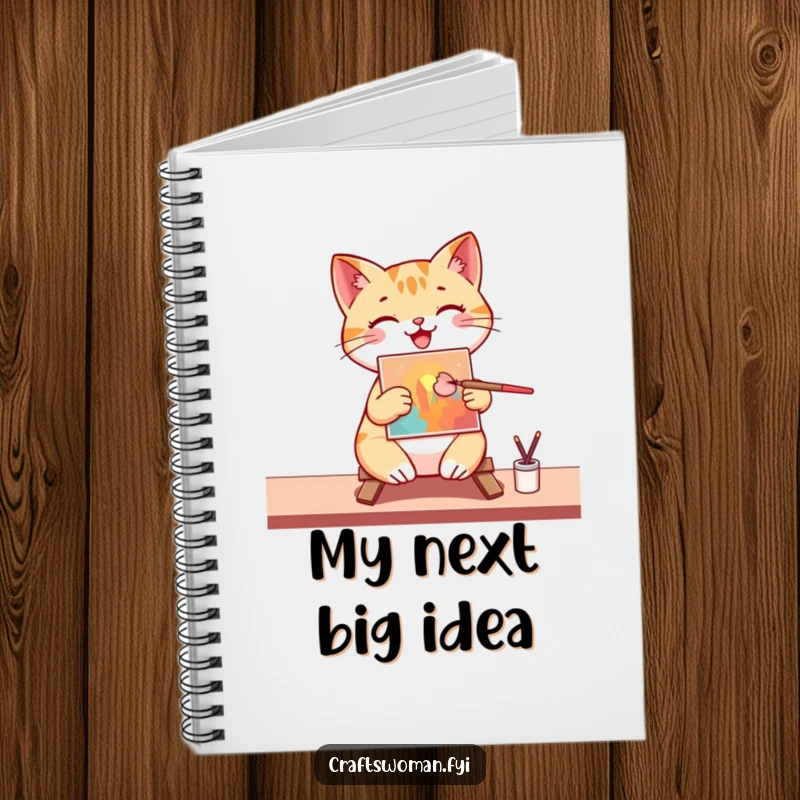 Funny Notebook: A happy cat artist is captured in the act of painting a vibrant picture on a small canvas with a brush.