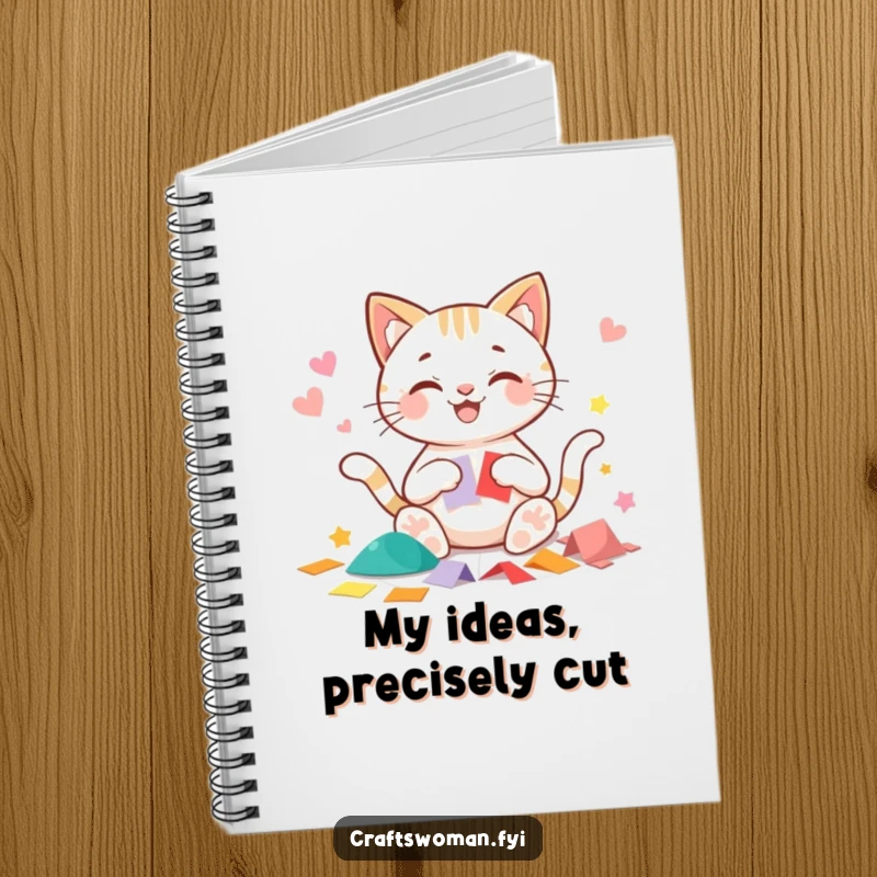 Funny cat notebook cover showing a beaming cat character happily cutting precise shapes from colorful paper, perfect for notes.