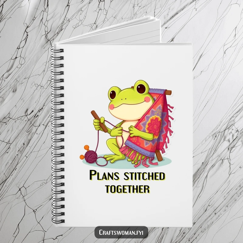Funny Notebook: Cheerful frog character stitching a vibrant tapestry, ready to capture your notes and sketches.