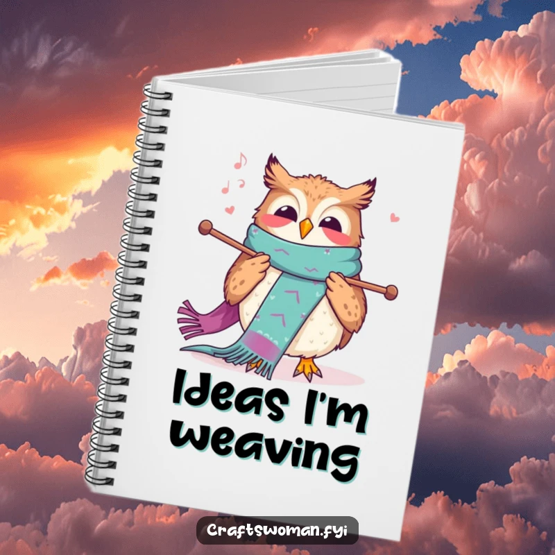Funny knitting owl notebook with a joyful owl happily knitting a colorful scarf, inspiring creative notes.