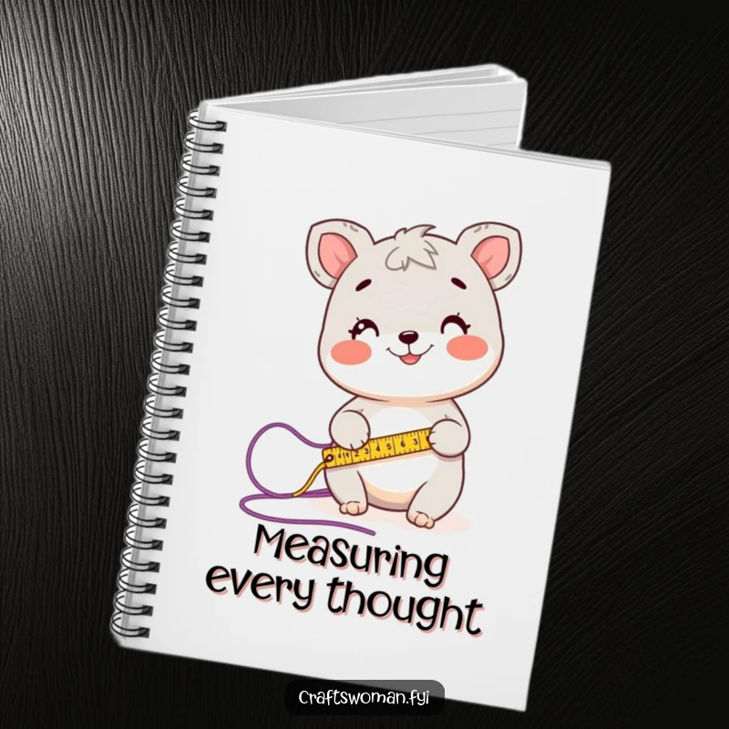 Funny notebook with a happy animal character measuring yarn with a tape measure, ideal for keeping track of knitting projects.