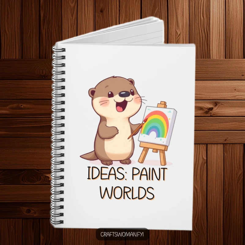 Funny otter notebook cover showing a happy otter painting a rainbow, perfect for sketching and journaling creative ideas.