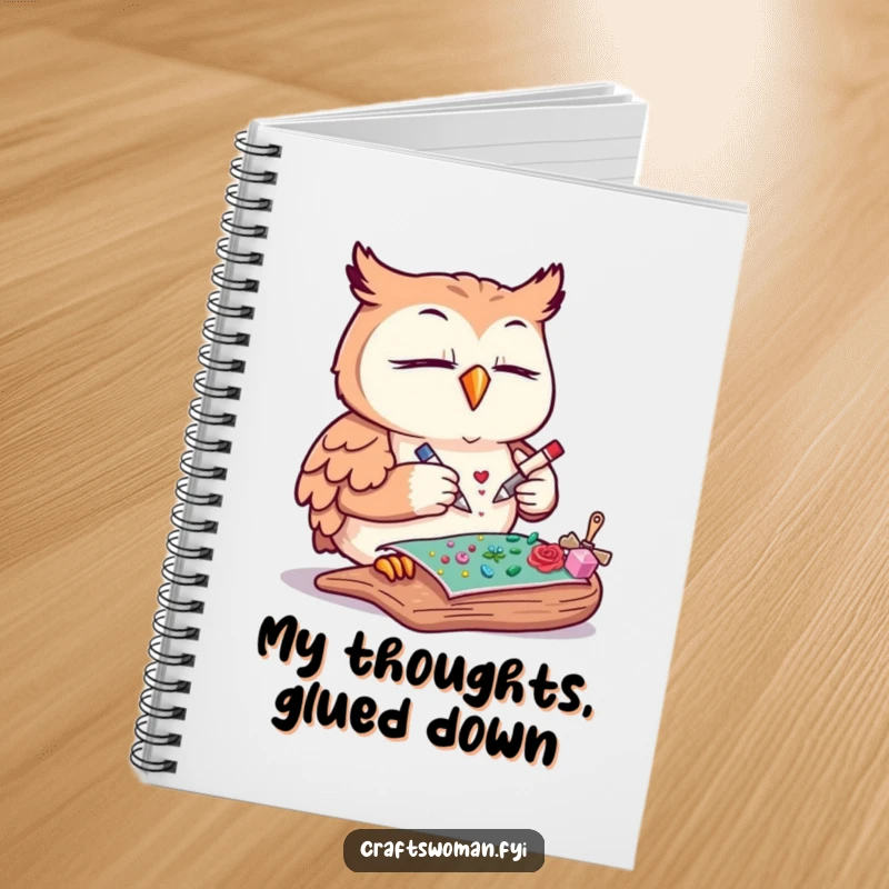 Funny owl notebook cover showing a content owl meticulously gluing decorative elements onto a craft project, perfect for notes.