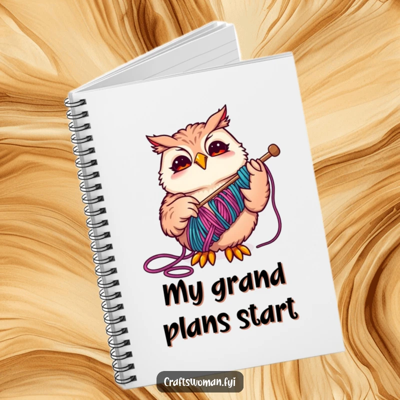 Funny Owl Notebook featuring a joyful owl threading colorful yarn, perfect for jotting down creative ideas with humor.