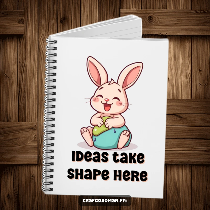 Funny rabbit notebook cover showing a happy bunny gleefully sculpting clay into a whimsical shape, ideal for note-taking.
