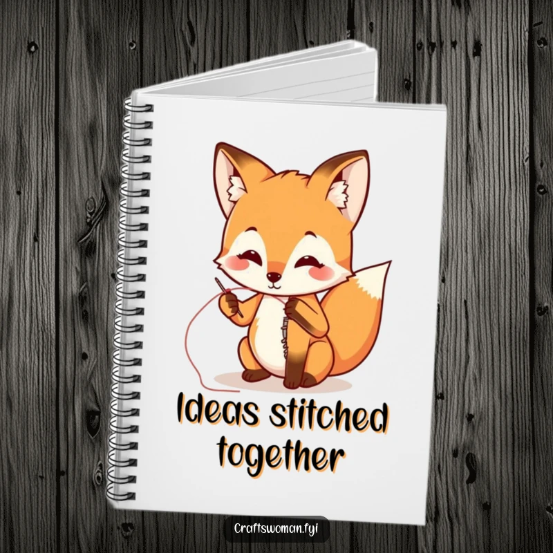 Funny fox using a needle and thread to sew a ripped seam on the cover of a notebook, ideal for jotting ideas.