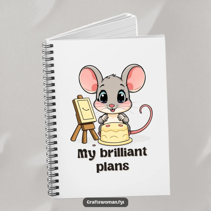 Funny notebook with a wide-eyed mouse admiring a finished creation, designed to inspire creativity and record artistic thoughts.