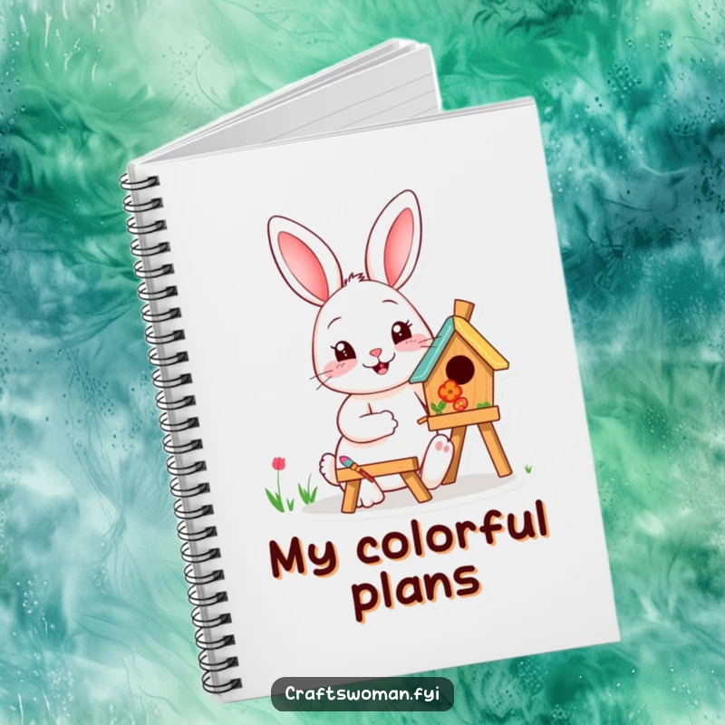 Funny happy rabbit painting a birdhouse with vibrant colors on the cover of a notebook, ideal for artists.