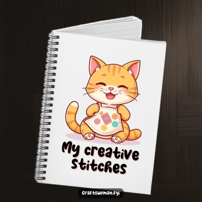 Funny Cat Notebook: A happy cat wearing a tiny apron joyfully stitches a colorful patch, ready to hold your notes and ideas.