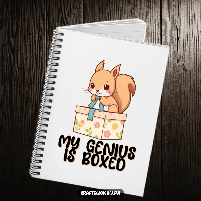 Funny notebook with a cute squirrel tying a ribbon on a decorated box, designed to inspire creativity and organized thoughts for users.